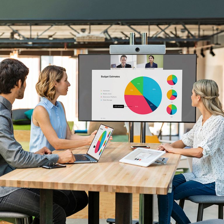 Workers in meeting room looking at screen