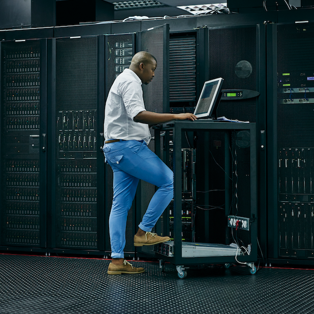 Man working in server room